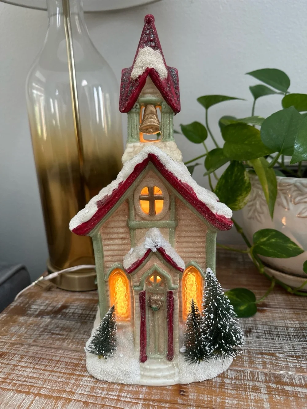 Vintage Ceramic Lighted Christmas Church Building Red Roof with Snow Trees
